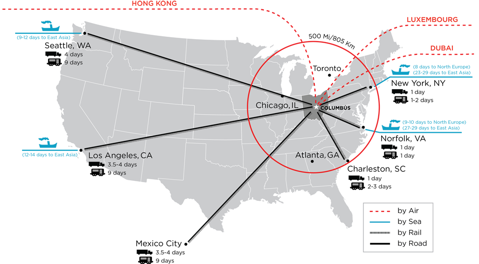 Map of Pickaway County's central U.S. location