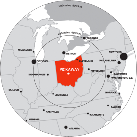 Map highlighting Ohio and Pickaway County within the United States